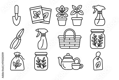 Garden herb potted icon kit bag vector trowel outdoor herbal portable tea