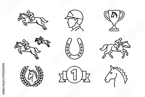 Horse riding icons collection including equestrian jumping and award elements