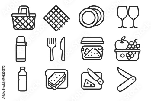 Collection steel cheese vector icon knife cutlery wine picnic water thermos woven