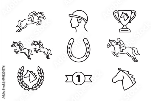 Horse riding competition icons set with rider helmet trophy and horse head