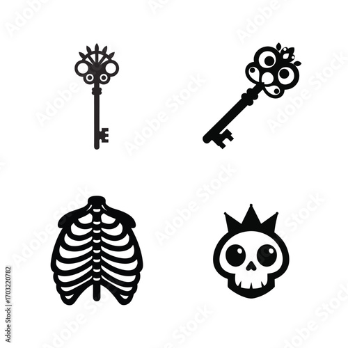 Ornate skeleton ribcage skull keys black white