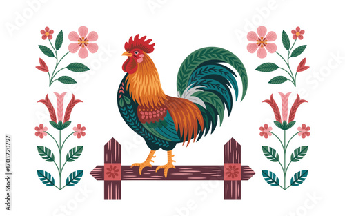 Colorful Folk Art Rooster on Fence with Floral Accents - Whimsical Illustration of Farm Animal, Perfect for Spring, Country, and Nature-themed Designs