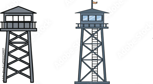 Two watchtowers stand tall against a white backdrop, showcasing their structural differences and design elements in a simple, informative manner.