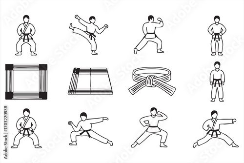 Karate icons vector set with martial arts fighters dojo mat and belt symbols