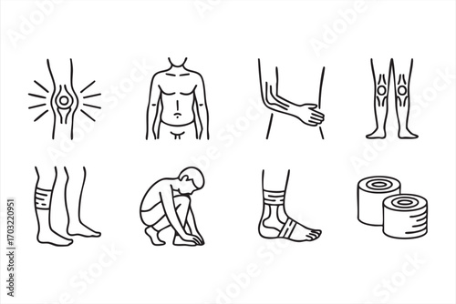 Medical injury icons pack with physiotherapy rehabilitation and stretching