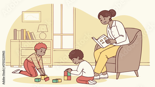 Woman Reading to Children Playing with Blocks in Living Room.