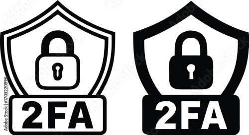 Two Factor Authentication Icons. Black and White Vector Illustration. Padlock and Shield. Method of Increasing Account Security. Concept Password and Data Security

