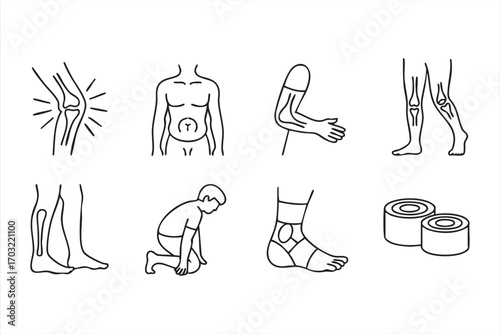 Vector illustration of sports injury icons including knee ankle and back pain