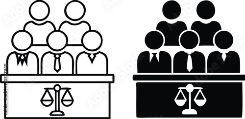 Jury Icons. Black and White Vector Illustrations. Ordinary Citizens, Jurors, Decide on the Guilt or Innocence of the Defendant. Justice Concept

