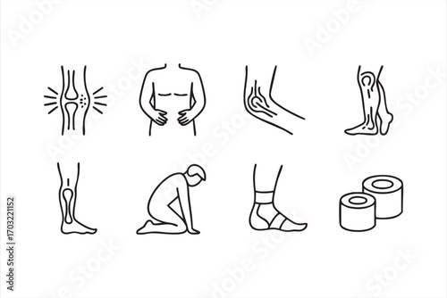Sports injury icons vector set with joint pain rehabilitation and medical care