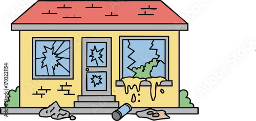 Damaged house with broken windows stands in disrepair after a disaster, showing the impact of destruction and neglect in a neighborhood setting.