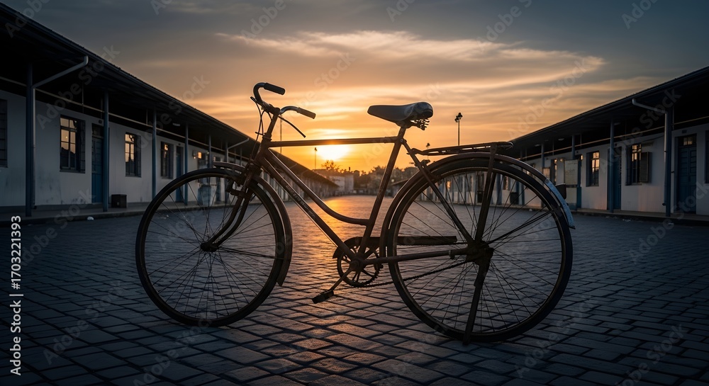 Fototapeta premium Classic Bicycle Silhouetted Against a Sunset A Timeless Image of Freedom and Nostalgia
