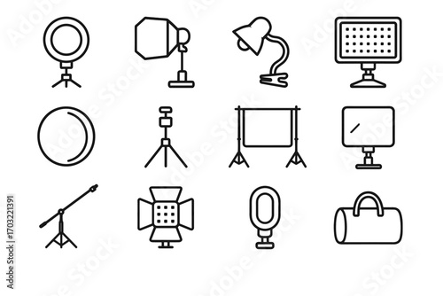 Portable vector light diffuser icons photography arm reflector sewing stand doors boom