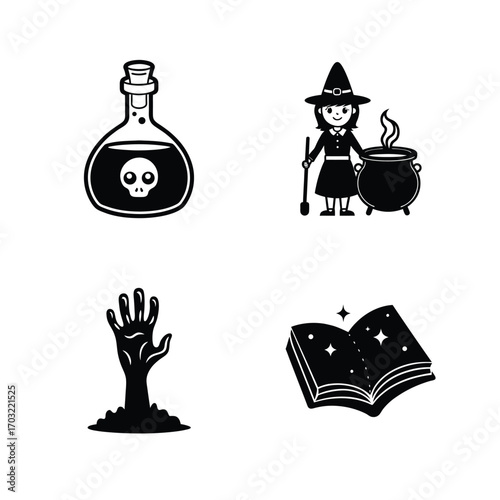 Witch potion cauldron zombie hand spellbook skull