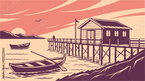 Seaside Cabin on Pier with Boats at Sunset.