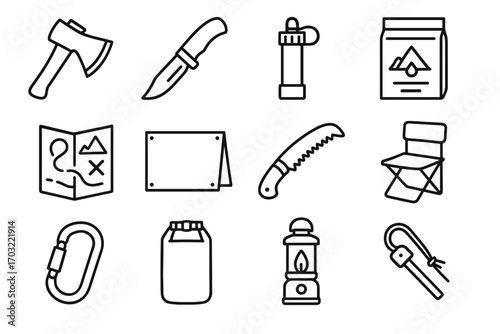 Vector bag kit survival flint icon purifier wilderness hatchet saw climbing navigation