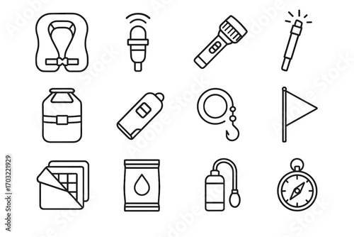 Survival rations icon water signal line maritime compass vector essentials vest flare