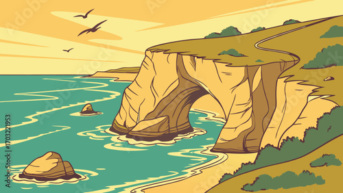 Coastal Arch Rock Formation Overlooking the Ocean.