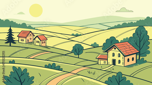 Charming rural houses nestled in rolling green hills under a warm sun.