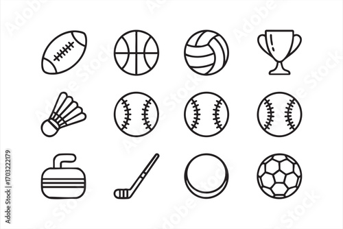Sports ball icons outline vector set with trophy and equipment symbols