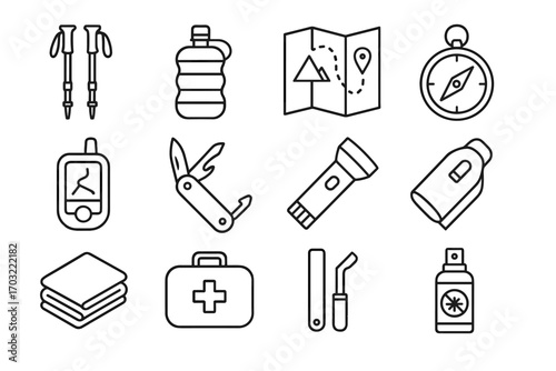 Fire flashlight vector poles knife trekking essentials kit aid icon icons insect