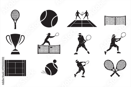 Tennis championship icons vector with game equipment and athlete silhouettes