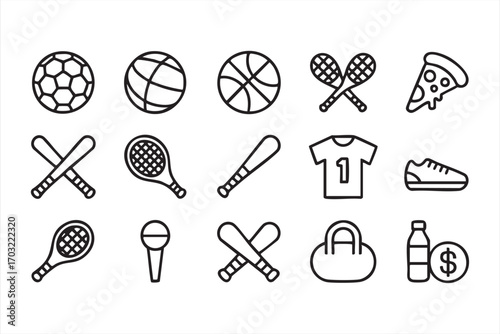 Vector sports and leisure icons pack with soccer ball basketball and shopping bag