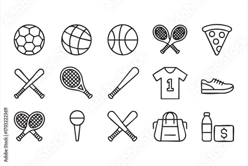 Sports activity icons vector set with athletic equipment casual food and lifestyle items