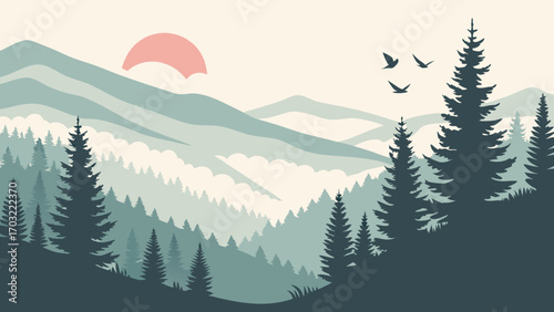 Silhouette of Evergreen Trees Against a Misty Mountain Landscape.