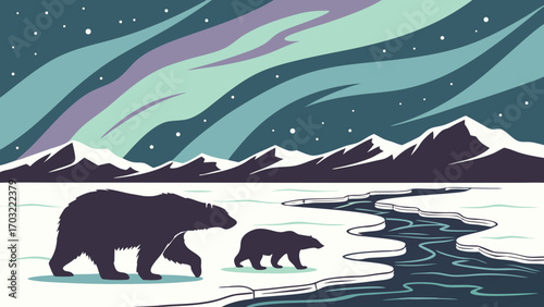 Polar bears walking on ice, a mother and cub, silhouette.