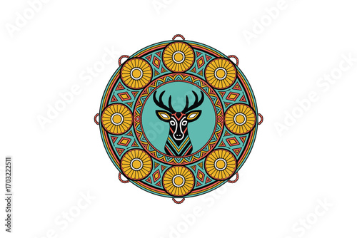 Abstract Deer Mandala with Floral Patterns: A Decorative Circular Design Featuring Stylized Deer in Teal, Gold, and Coral Colors for Creative Projects.