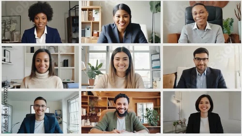 Virtual Team Meeting: A mosaic of focused professionals, their faces lit with anticipation, engaging in a virtual team meeting, symbolizing the connectivity of the modern workplace.