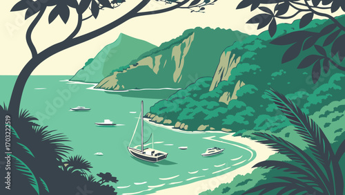 Sailboat on a serene bay with lush green mountains.