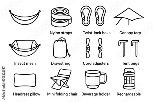 Camping holder folding bag icons icon pegs hammock tarp gear pillow vector