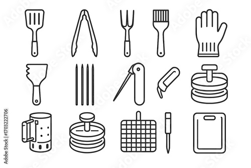 Icon cutting folding mesh fork utensils spatula stainless vector scraper wooden bbq