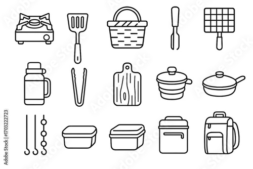 Grill pot spatula wooden icon gear icons skewers picnic vector jug storage