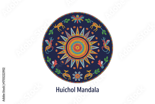 Vibrant Huichol Mandala: A Colorful Celebration of Indigenous Mexican Art and Symbolism, Perfect for Cultural and Artistic Designs with a Modern Twist.