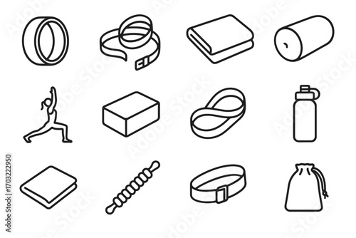 Equipment ankle yoga massage bottle pouch towel block icons pose stick vector