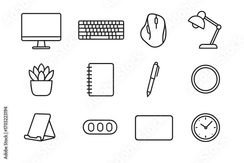 Potted cable slim pad spiral minimalist mouse desk icons ergonomic tablet vector