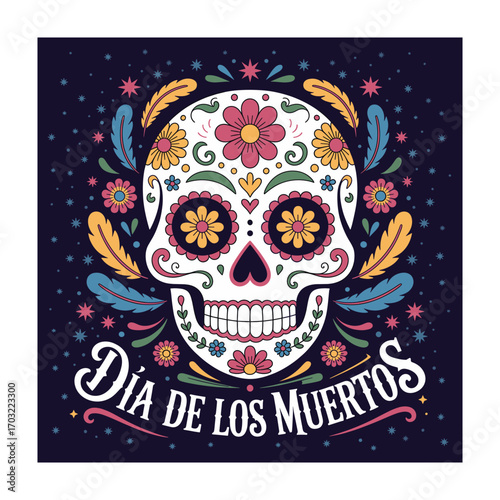 Colorful Dia de los Muertos Illustration: Decorated Skull with Flowers and Feathers on a Starry Night Background for Day of the Dead Celebrations
