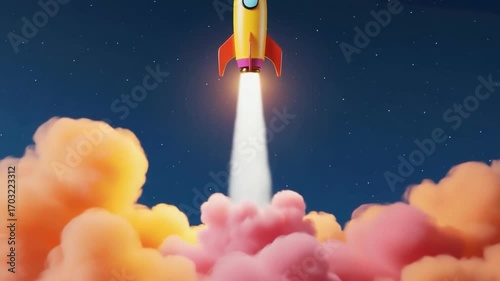 Rocket Launch Through the Clouds: A vibrant rocket boldly pierces through fluffy, pastel-colored clouds into the expansive, starry night sky, symbolizing ambition and exploration.