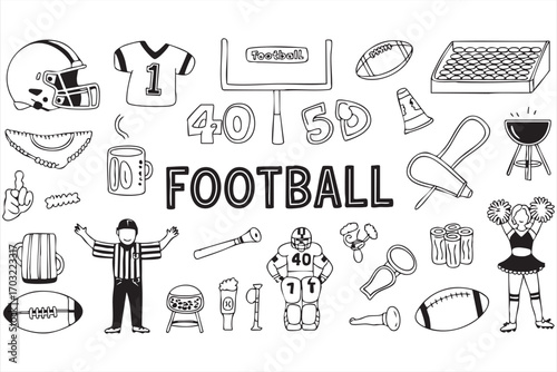 American football doodle icons vector set with helmets referee and cheerleader