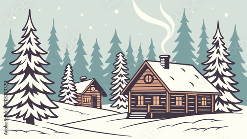 Cozy wooden cabins nestled in a snowy winter forest scene.