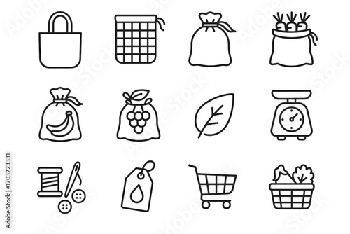 Sewing kit icon leaf produce bag cart cloth pouch reusable vector icons
