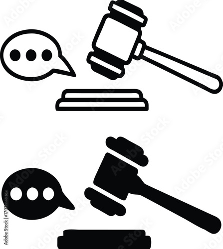 Verdict Icons. Black and White Vector Illustration. Judge Gavel and Speech Bubble. Jury Decision on Guilt or Innocence of the Defendant. Justice Concept

