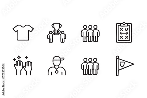 Teamwork sports icons vector set with coach players trophy and strategy board