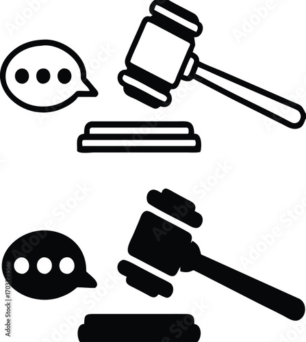 Verdict Icons. Black and White Vector Illustration. Judge Gavel and Speech Bubble. Jury Decision on Guilt or Innocence of the Defendant. Justice Concept

