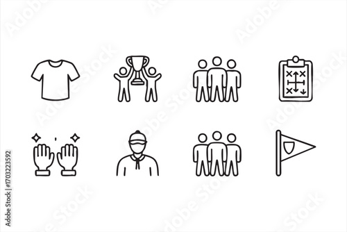 Team sports icons vector set with players coach trophy jersey gloves strategy board and flag symbols outline illustration design