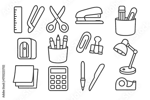 Scissors compact clips desk notes opener desktop vector icon ruler binder calculator