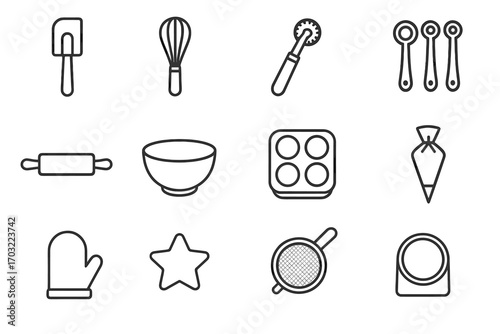 Tray spatula dough muffin whisk vector icon measuring baking sieve utensil icons